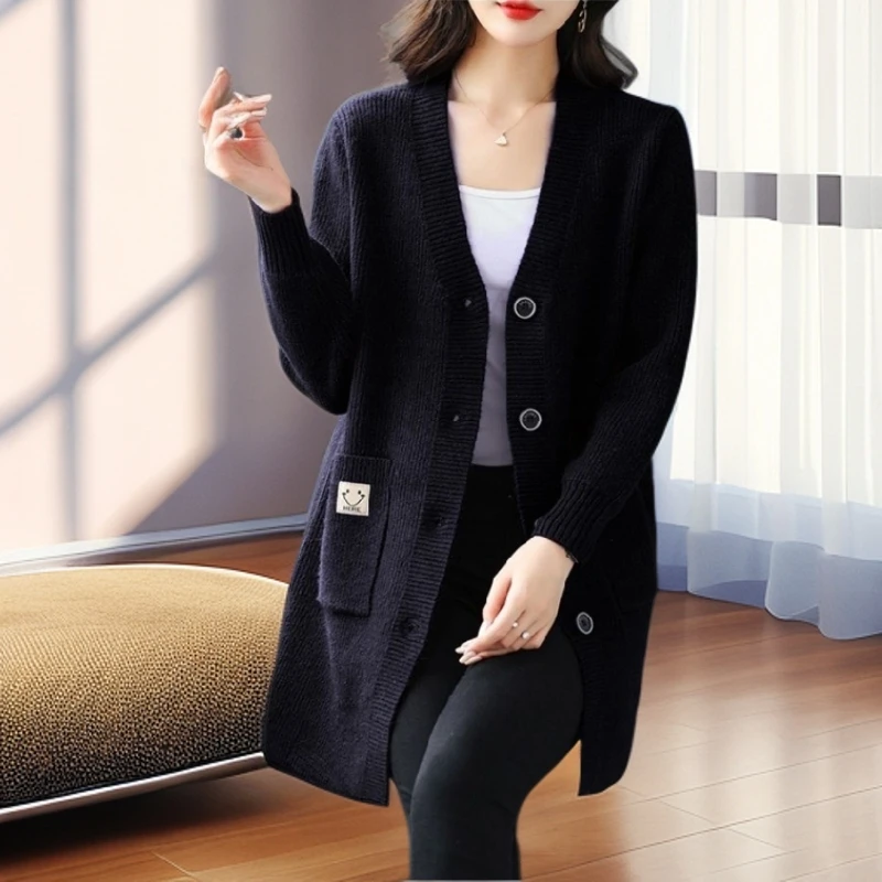 【雅岚女装】宽松慵懒风大码中长款毛衣外套春秋季纯色外搭针织开衫