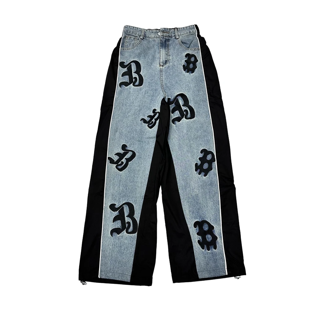 莹莹欧货女装【哥特字AB面牛仔裤】潮牌男女休宽松大版长裤 061