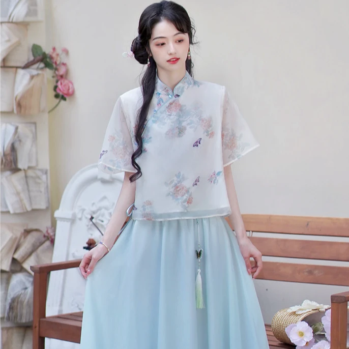 套装夏季古风中式中国风仙气民国风复古上衣半身裙两件套气质仙女