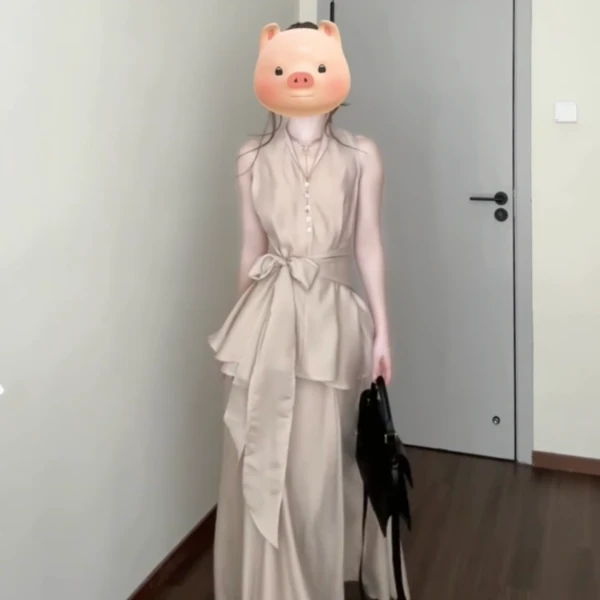 韩系小众设计感V领无袖蝴蝶结收腰上衣高腰垂感半身裙两件套410-6