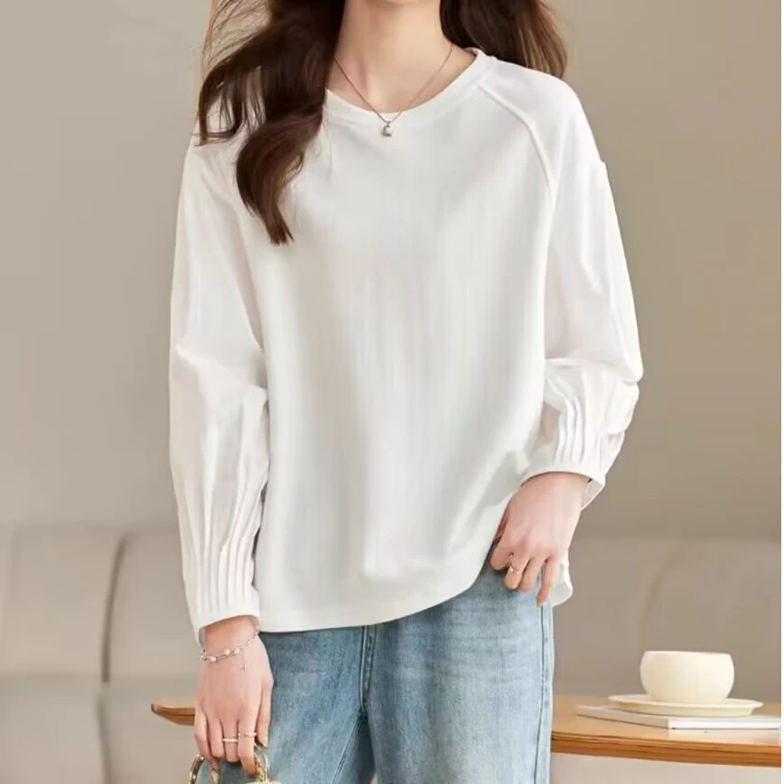 大码T恤女春季新款休闲百搭圆领长袖上衣宽松显瘦气质打底衫