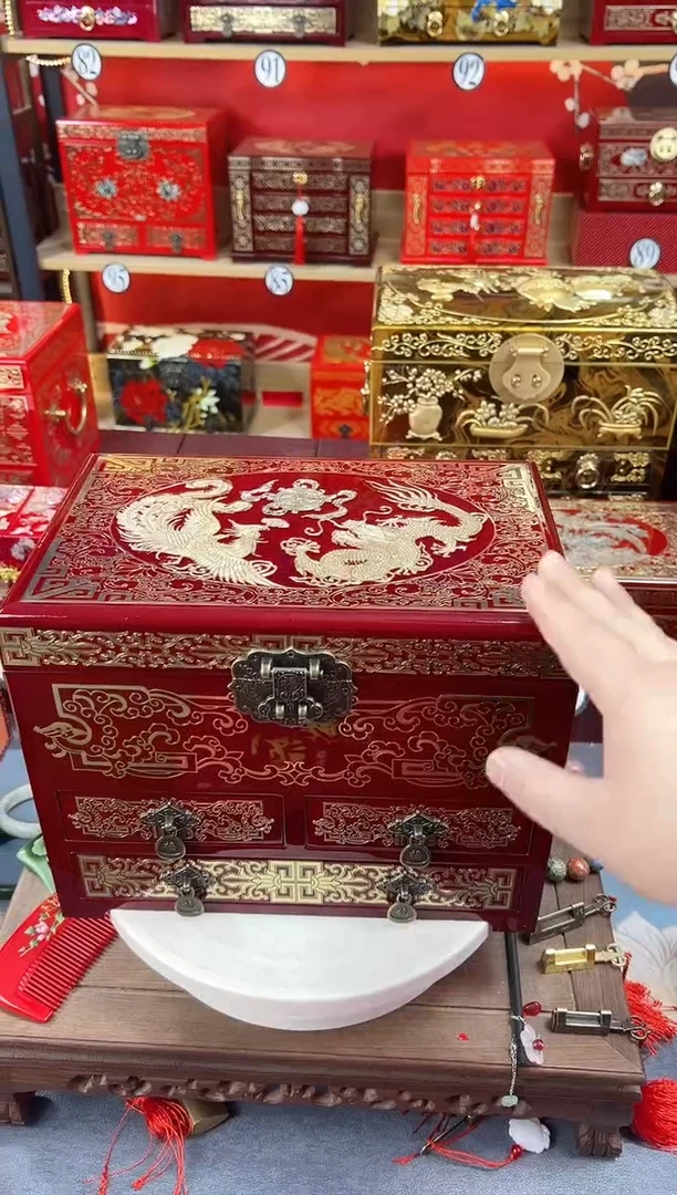 【闪购商品】28厘米新款四层三抽掐丝螺钿酒红龙凤呈祥