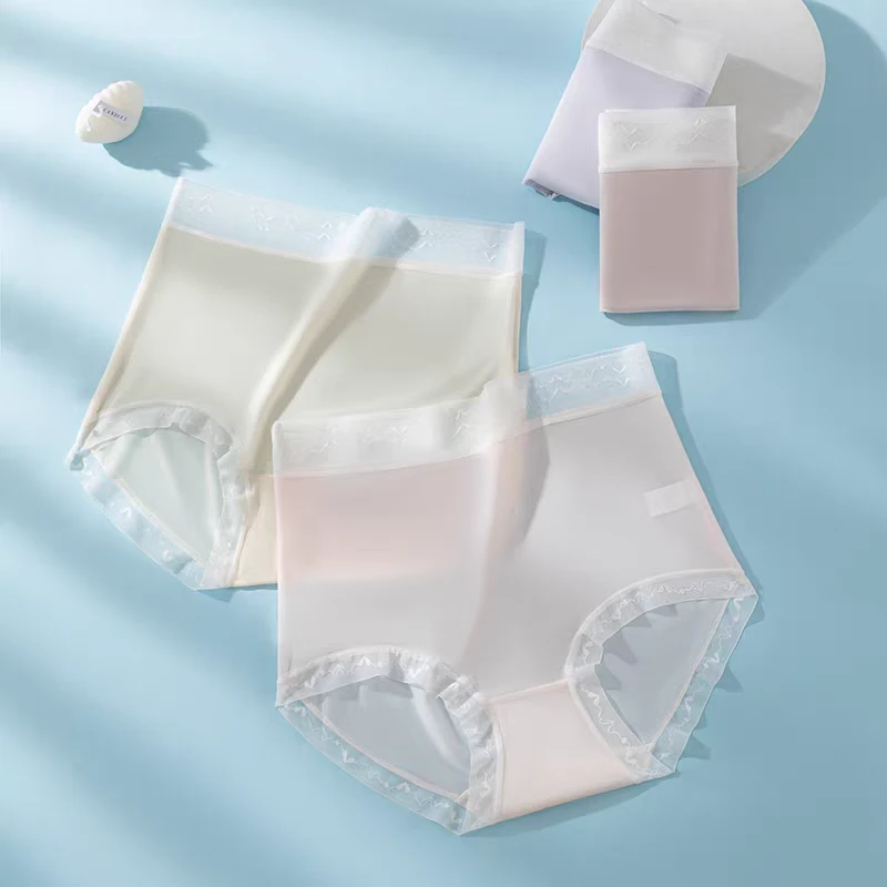 无痕冰丝高腰裸感内裤女士蚕丝透气裆清纯日系超薄舒适透气三角裤