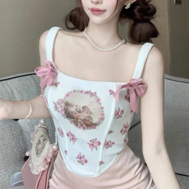 7798跨境外贸街头性感绑带露背吊带辣妹鱼骨印花束腰欧美风小背心