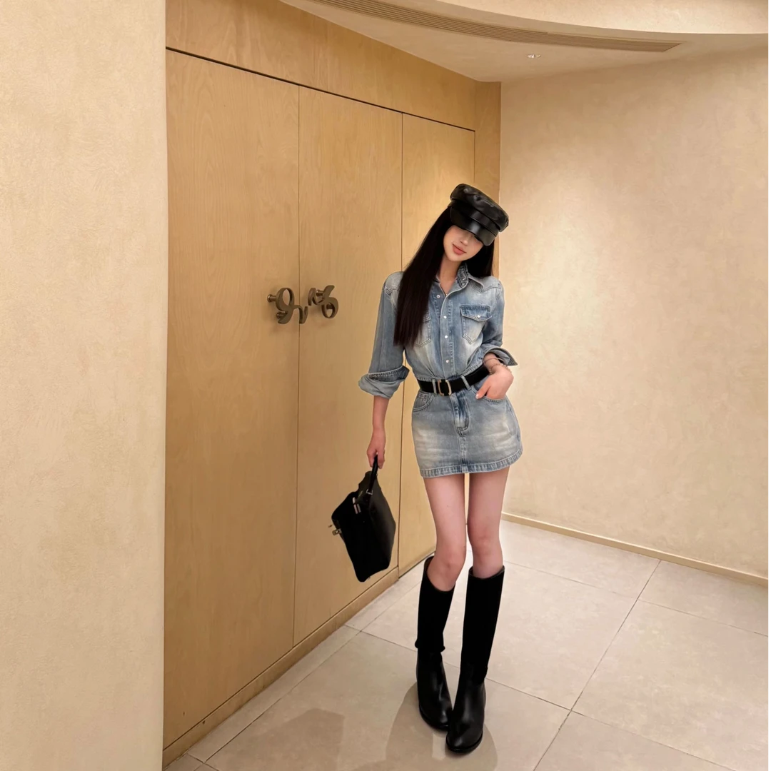 【早秋穿搭】复古港风牛仔连衣裙女2025年新款修身显瘦气质水洗短裙