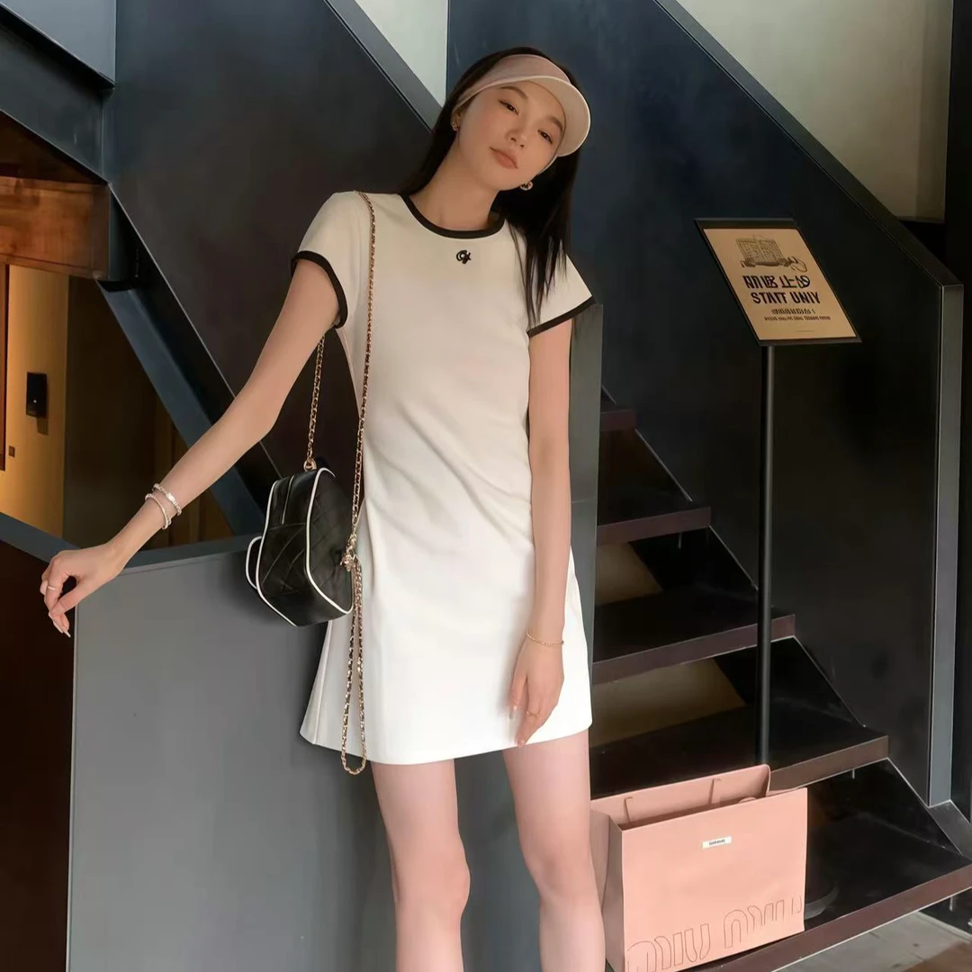 美式复古辣妹短袖t恤连衣裙女夏季学院风减龄简约显瘦包臀短裙