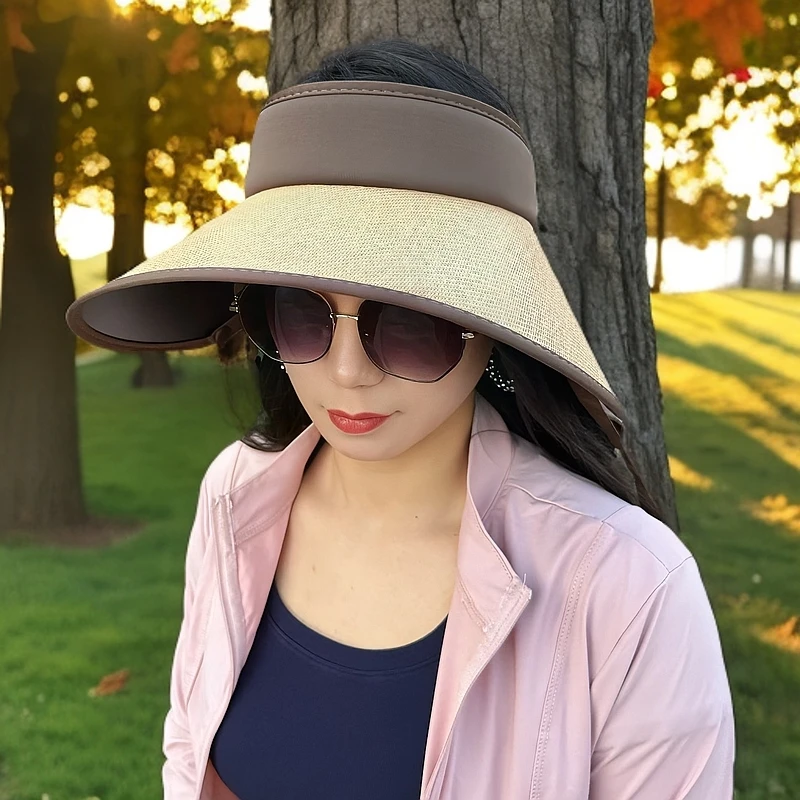 大檐黑胶草编防晒帽女款夏季防紫外线空顶帽沙滩骑行遮阳太阳帽子
