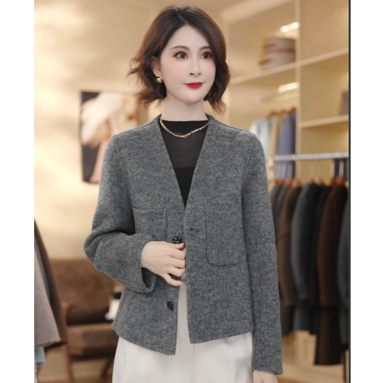 【双喜】2025秋动新款V领小个子气质外套长袖双面大衣短款显瘦女852