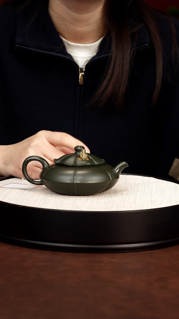 茶壶紫砂青蛙莲子壶绿泥
