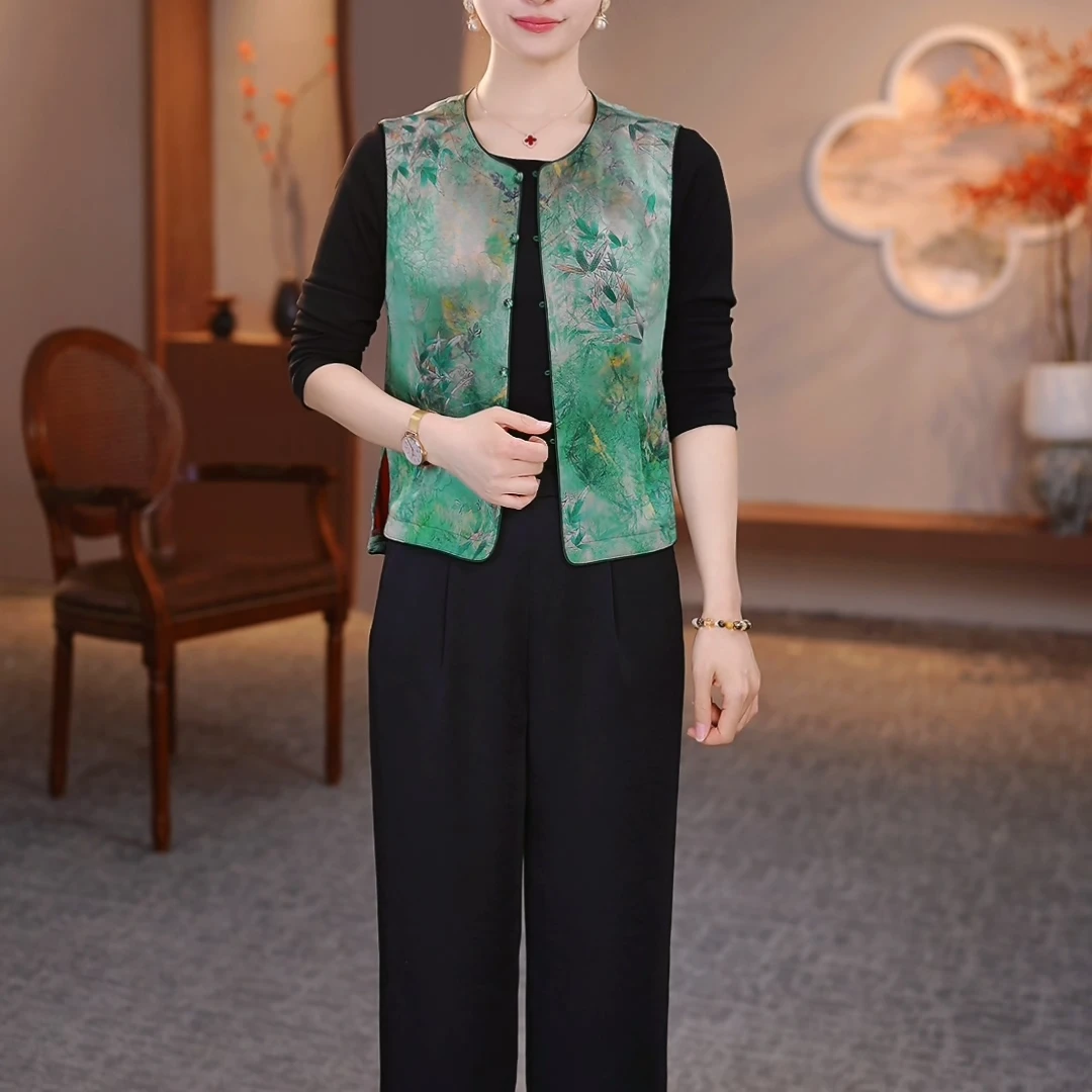 两件套2025夏季新款洋气改良旗袍妈妈装马夹裤子（婷）ZRF-25887