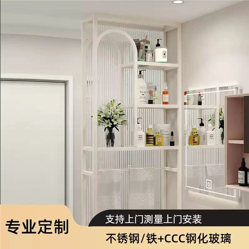 奶油风长虹玻璃水波纹半墙屏风隔断柜子卫生间洗漱台干湿区置物架