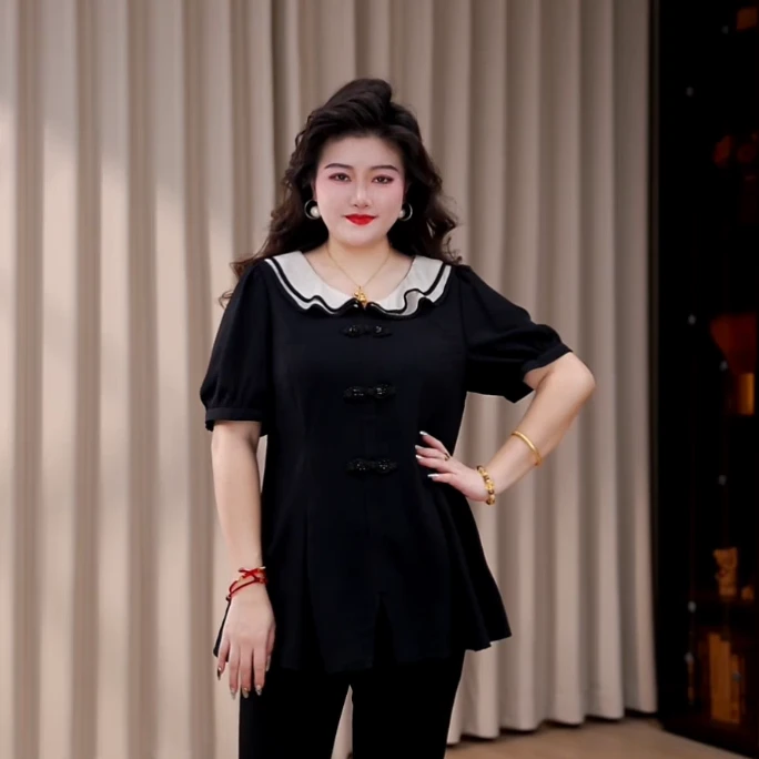 胖晶晶定制大码女装夏季新款宽松遮肉气质减龄时尚短袖上衣240666
