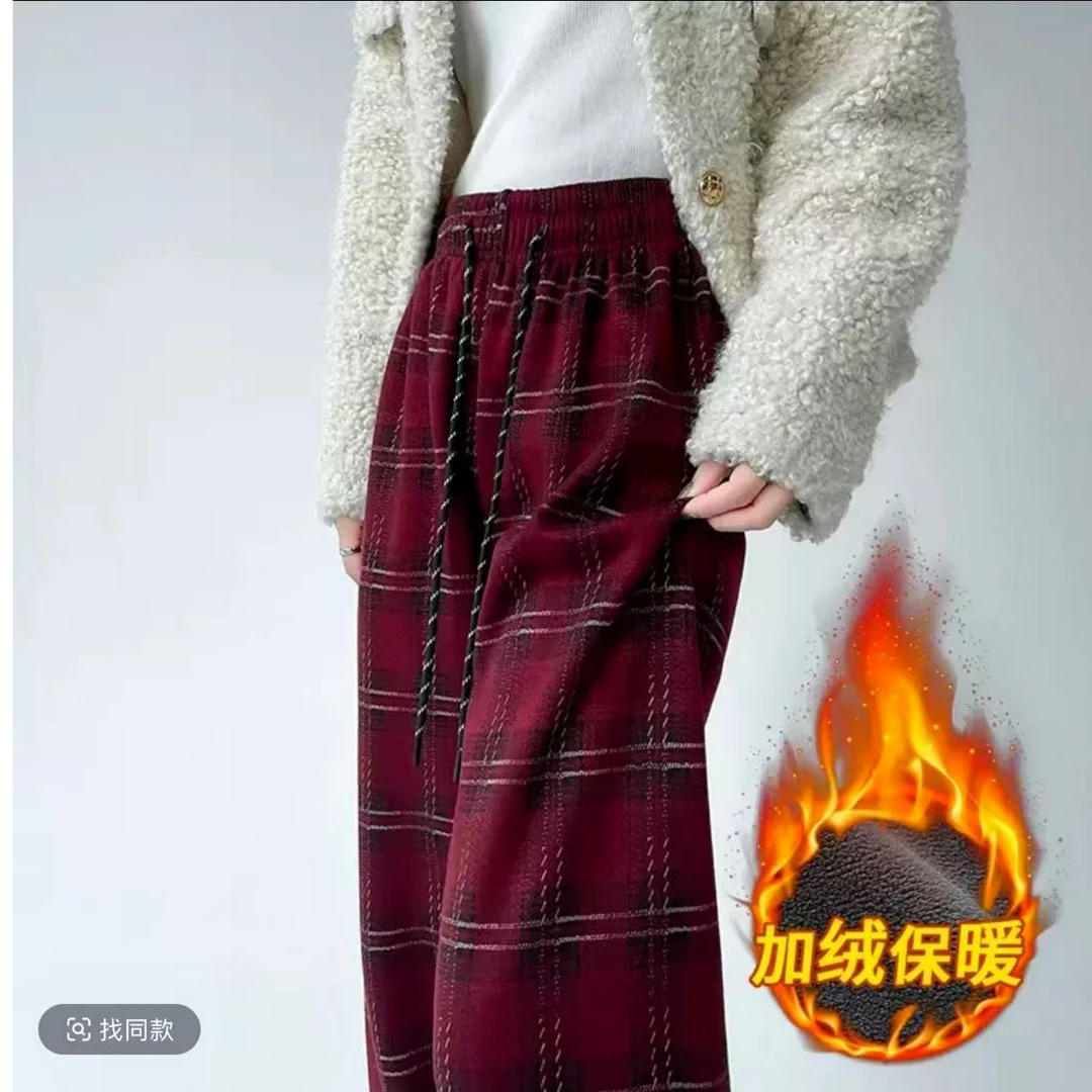 6663#【裤长96】加绒毛呢格子裤秋冬复古直筒休闲裤宽松百搭显瘦