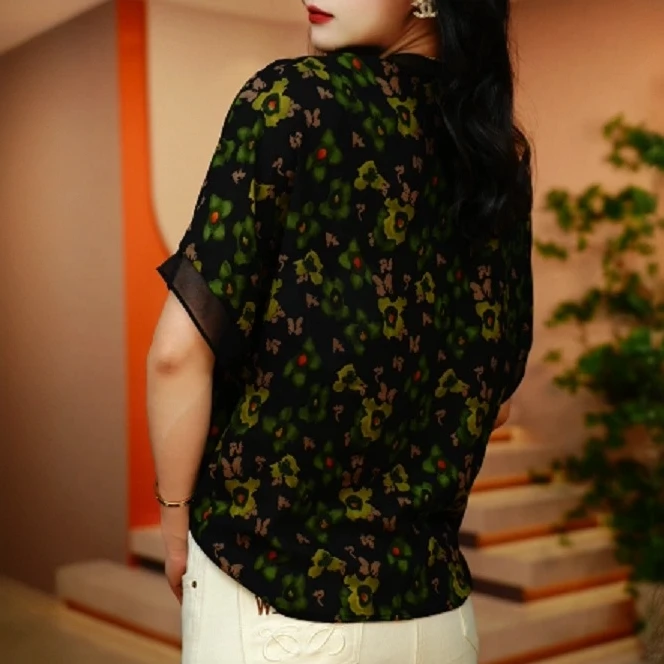 高贵气质原创短袖上衣贵妇风蝶花印花绿底搭配显优雅