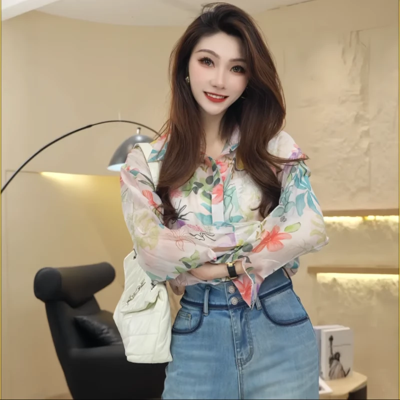 韩版印花长袖东南亚风薄款透气防晒衬衫女装上衣衬衣法式宽松衣服