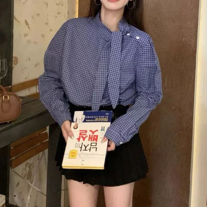 NICE圈圈、设计感格子飘带侧扣韩系衬衫A3589