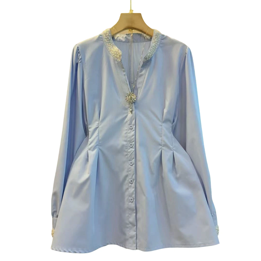 新款重工钉珠V领春季时尚收腰设计衬衫上衣