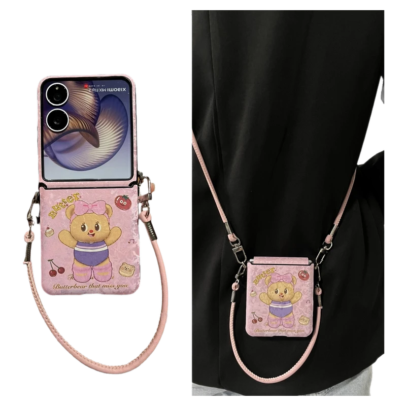 适用小米mixflip2手机壳华为pokcet2折叠屏卡通粉色小熊purax三星