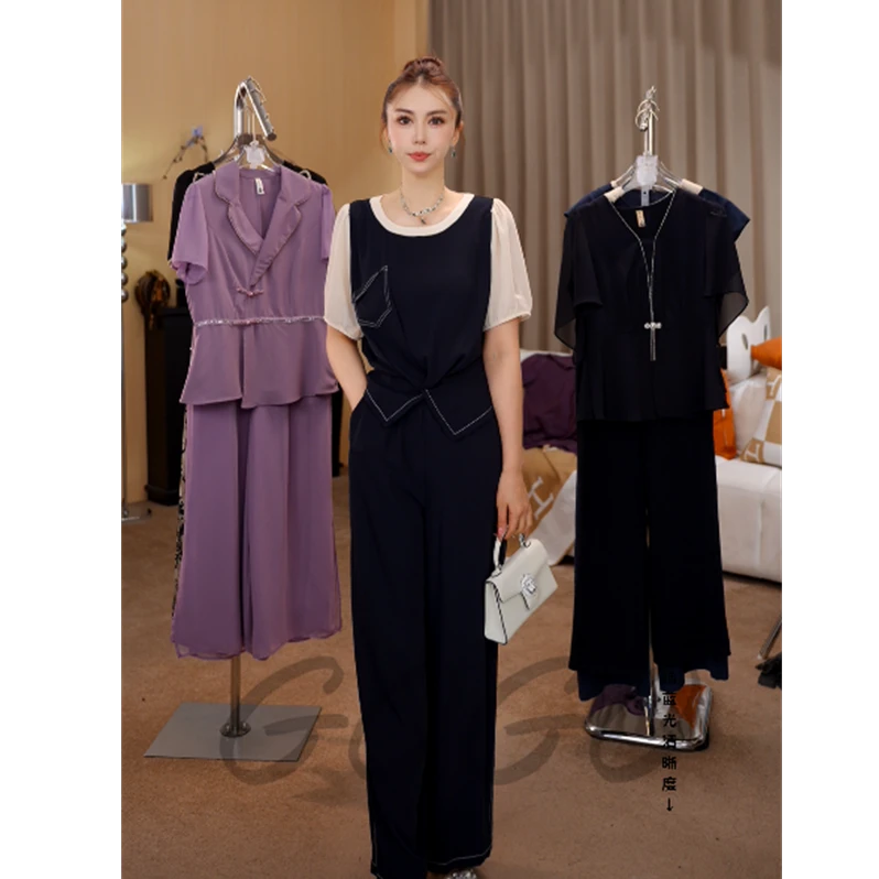 G6936时尚减龄穿搭整套女2025夏季新款撞色拼接短袖两件套