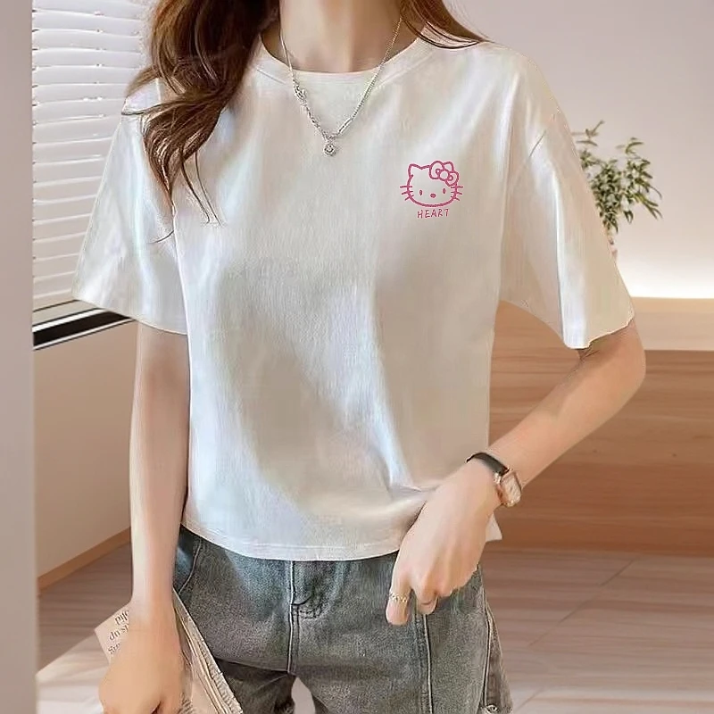 100%纯棉高腰t恤小个子短款T恤宽松夏季百搭潮流女装圆领短袖上衣