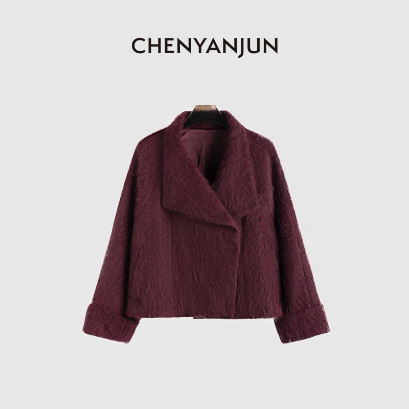陈妍君【冬日大翻领深紫红拉毛短款山羊绒大衣】CYJ-JJ454-5081