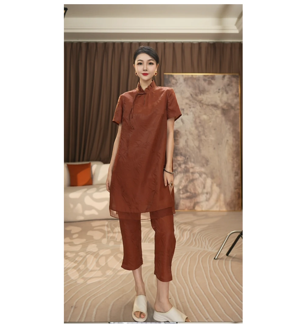 825430-2 百分百桑蚕丝红云纱帅气洒脱套装