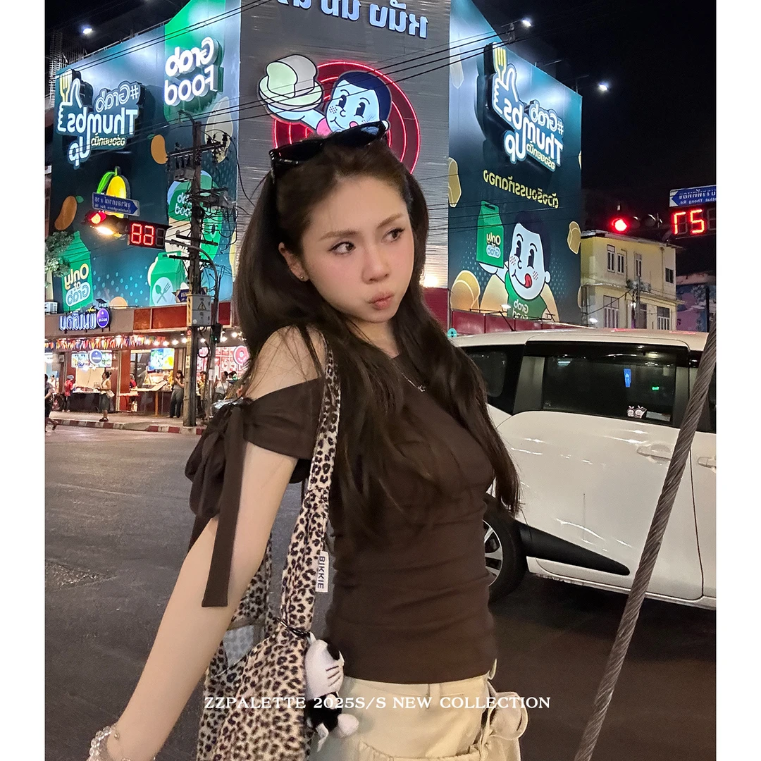 2025夏季新款一衣多穿蝴蝶结绑带斜肩短袖T恤女纯欲风露肩性感t恤