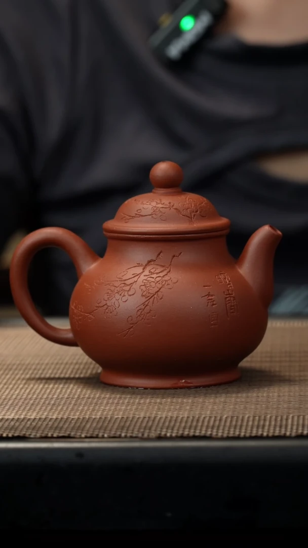 茶壶紫砂红泥刻绘潘壶160CC
