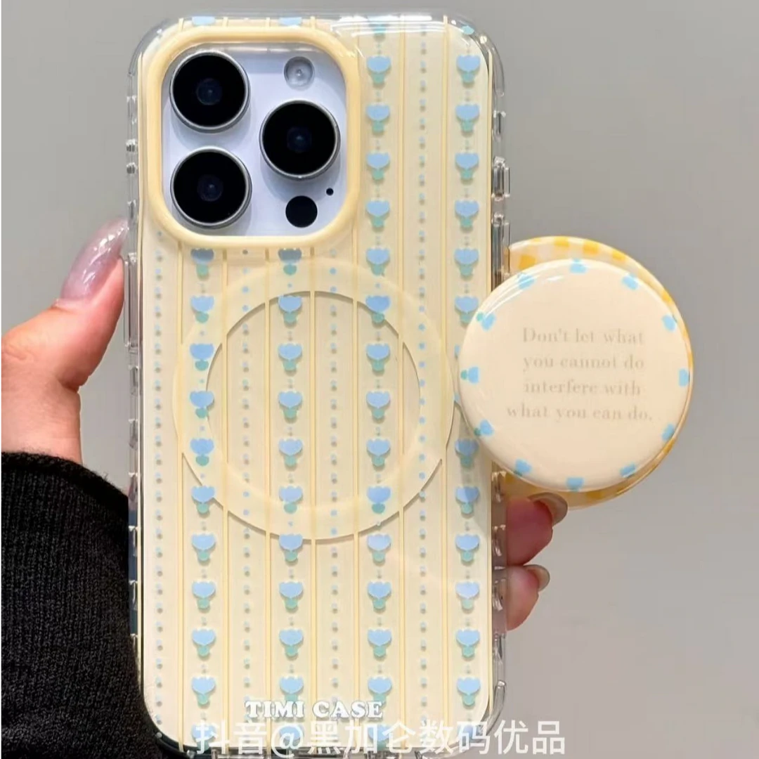 ins春日蓝色波点郁金香适用苹果16双层手机壳iphone15磁吸支架14