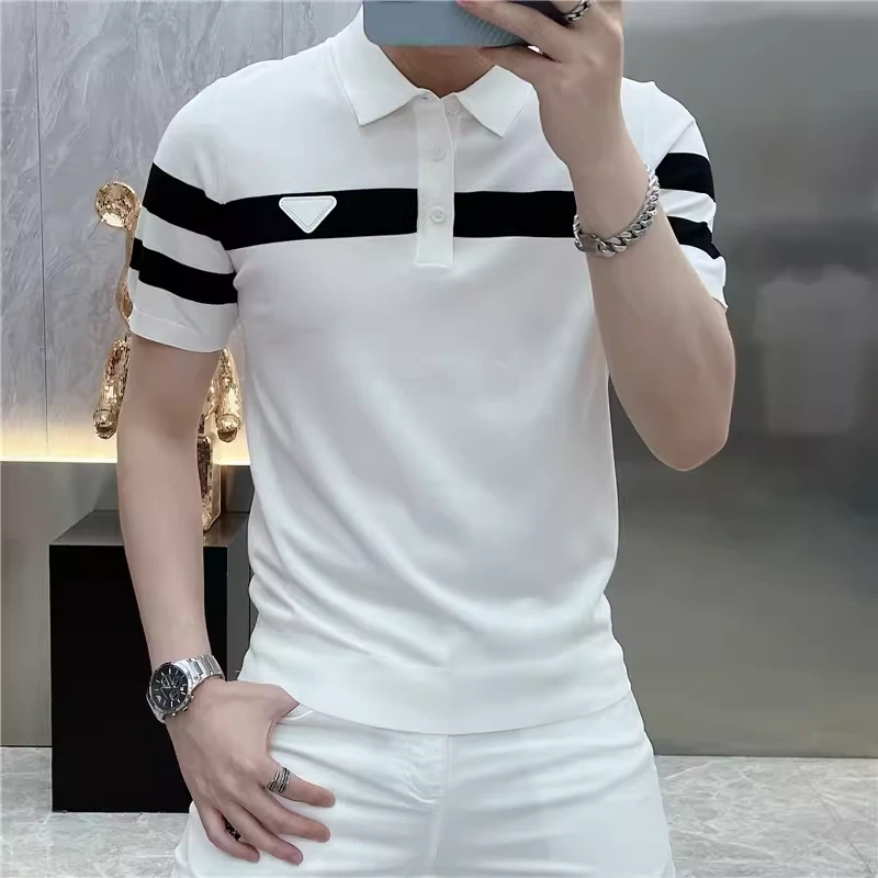 2025夏季新款个性条纹修身弹力透气薄款针织冰丝翻领短袖polo衫男