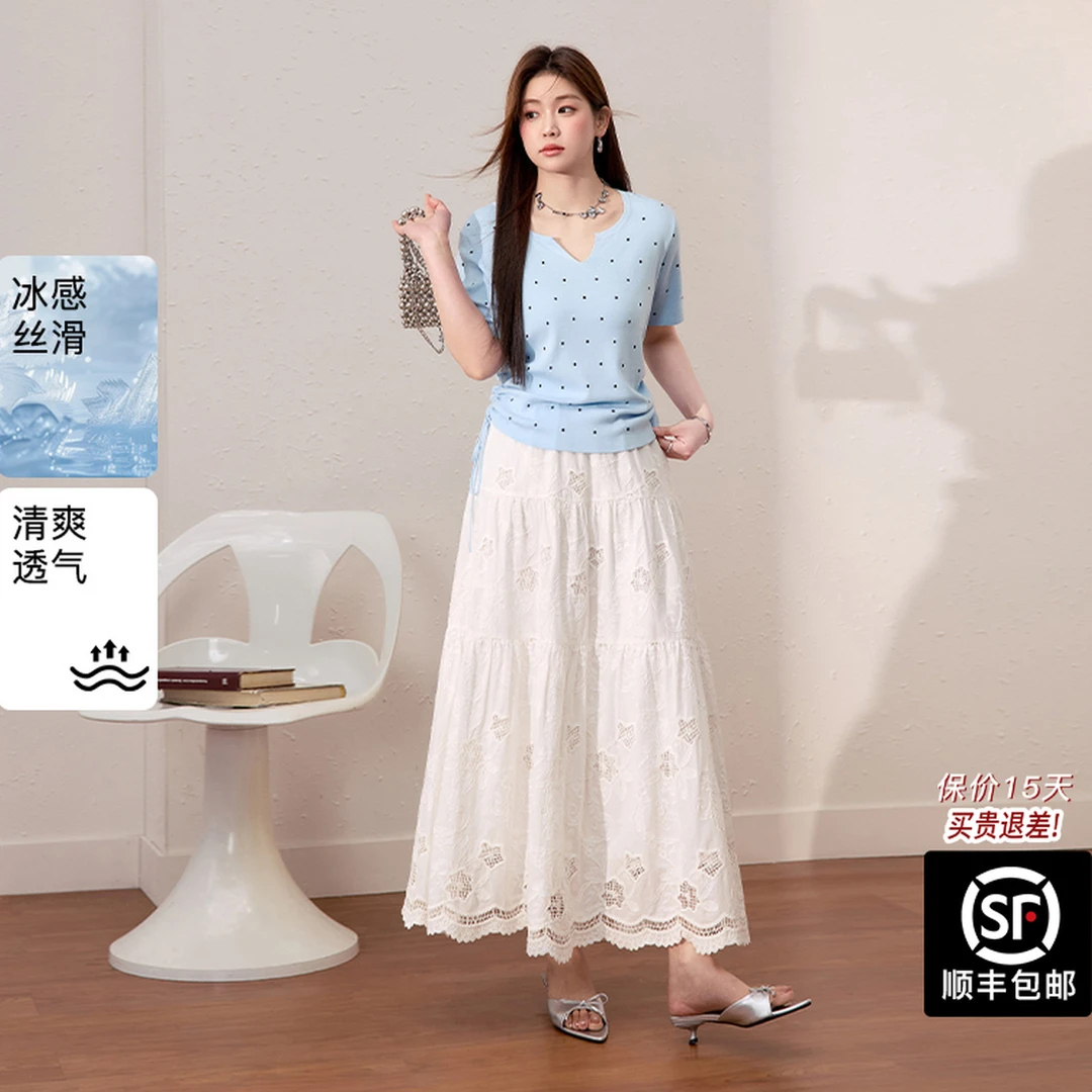 蓝语大码女装法式波点凉感T恤显瘦绣花半身裙2025夏季套装06890