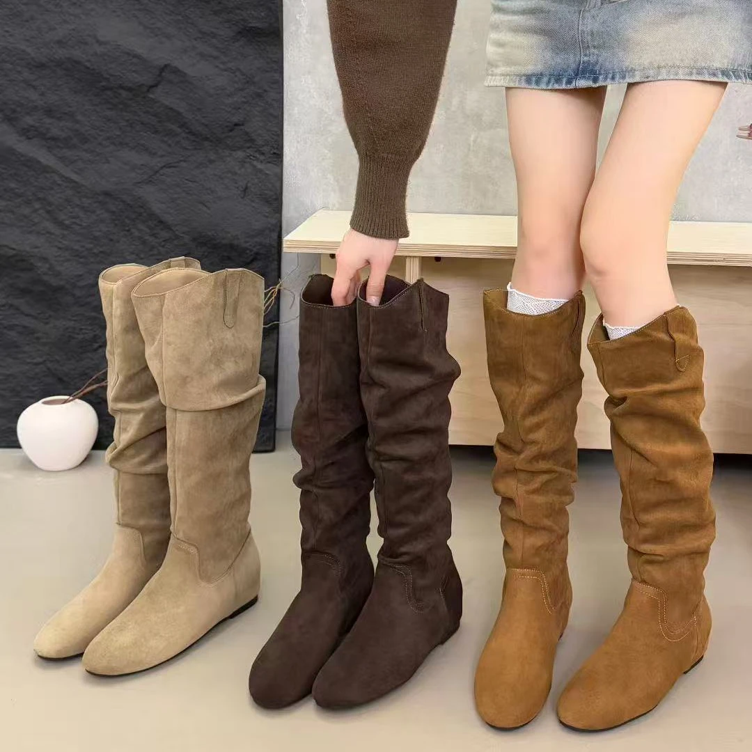 加绒内增高复古堆堆简约时尚长靴女靴子2025新款秋冬季尖头瘦瘦靴
