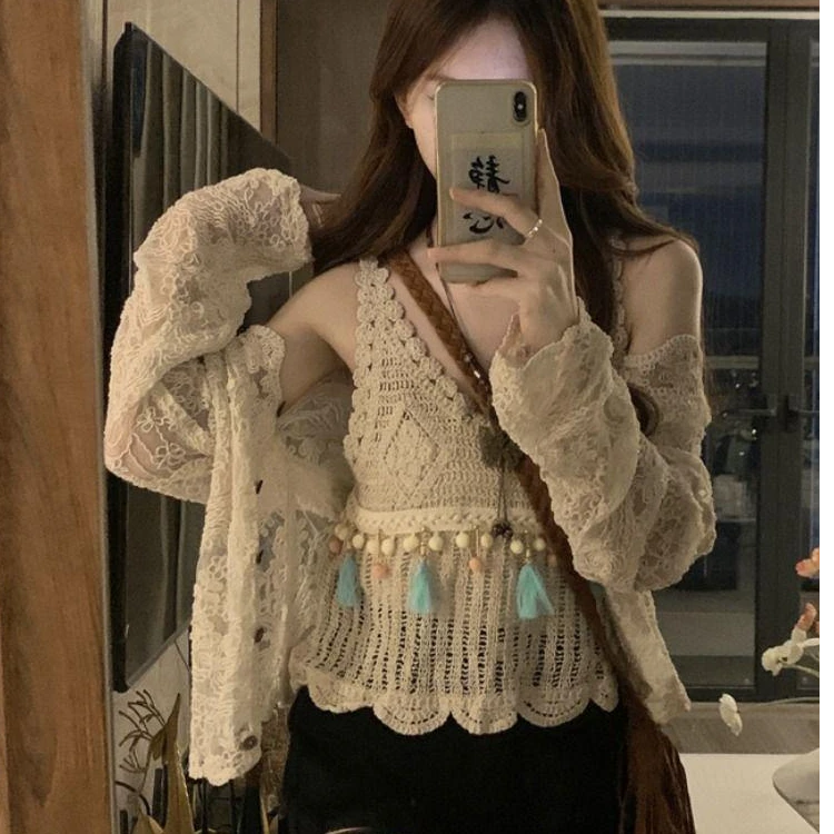 夏季辣妹复古流苏设计感针织上衣度假风镂空吊带+防晒长袖套装女