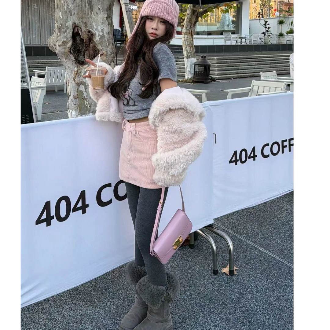 【YKL】桃粉软绒 灰色小狗短袖粉色灯芯绒A字短裙柔粉松紧连帽外套