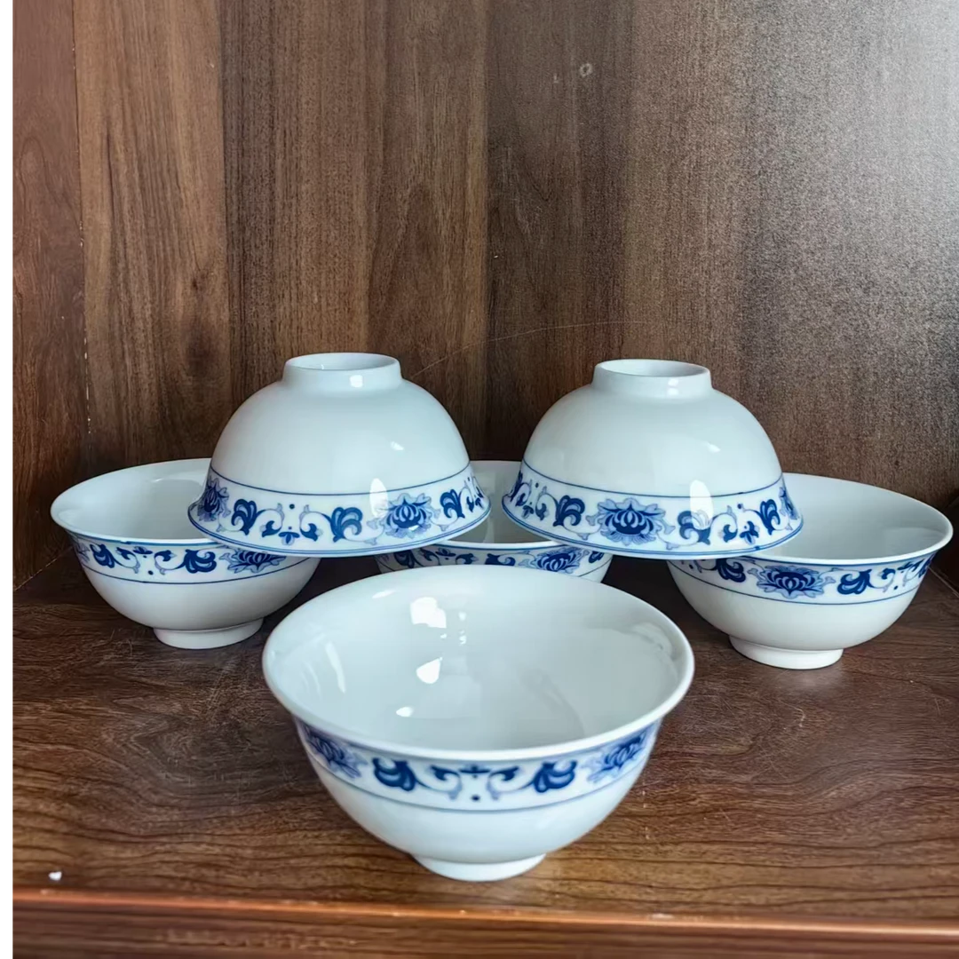 仿古瓷 A588景德镇制陶瓷青花芙蓉花碗5英寸13厘米6件