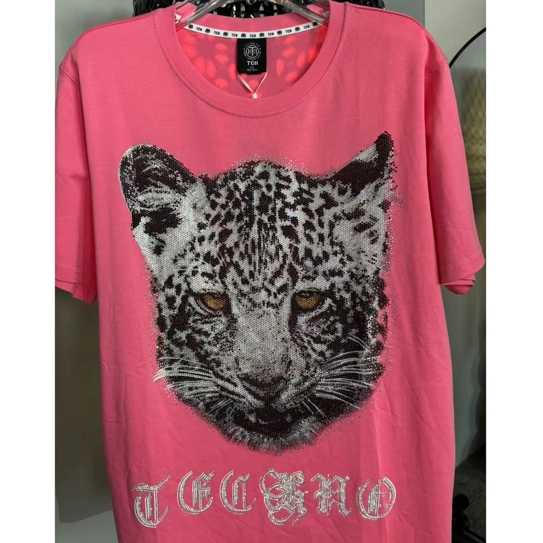 TCH轻奢烫钻工艺豹子头翅膀粉红短袖纯棉T恤女T21110C6125私服tch