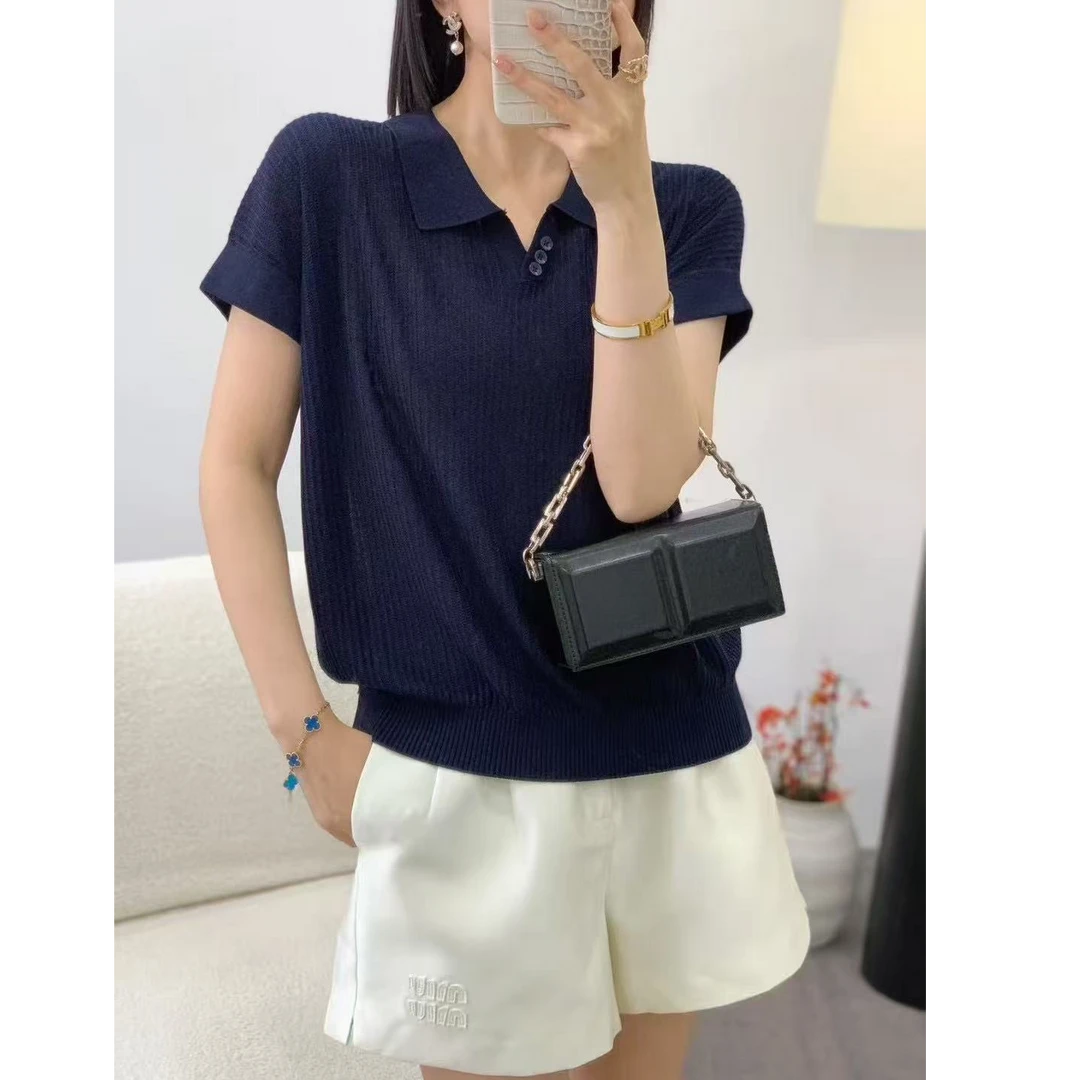 莱赛尔100剪刀翻领2025夏季纯色针织衫打底短袖内搭上衣薄款1207