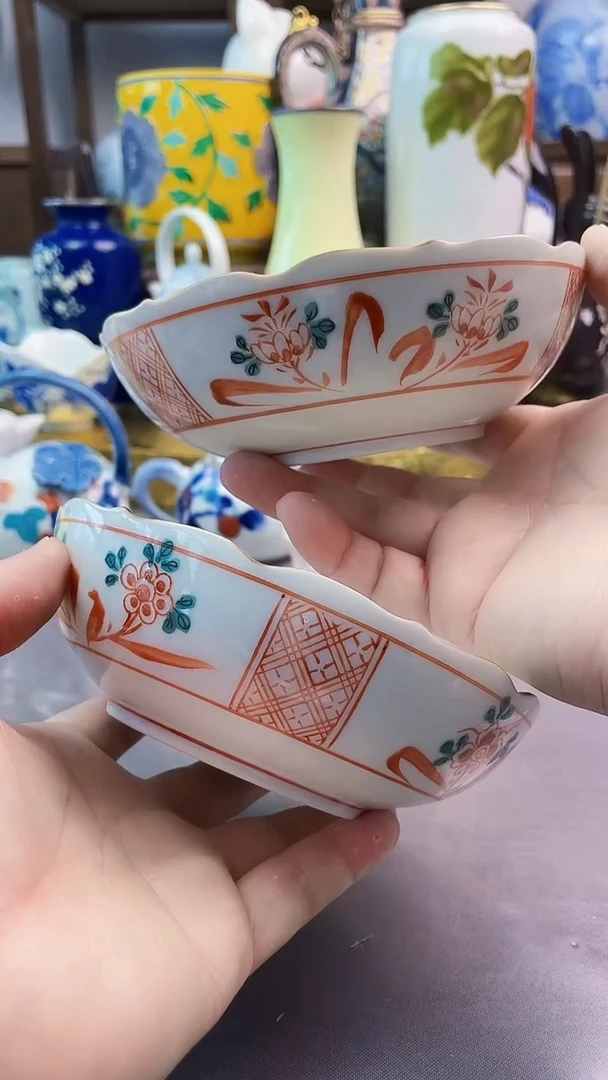 瓷片九谷赤绘碗一对