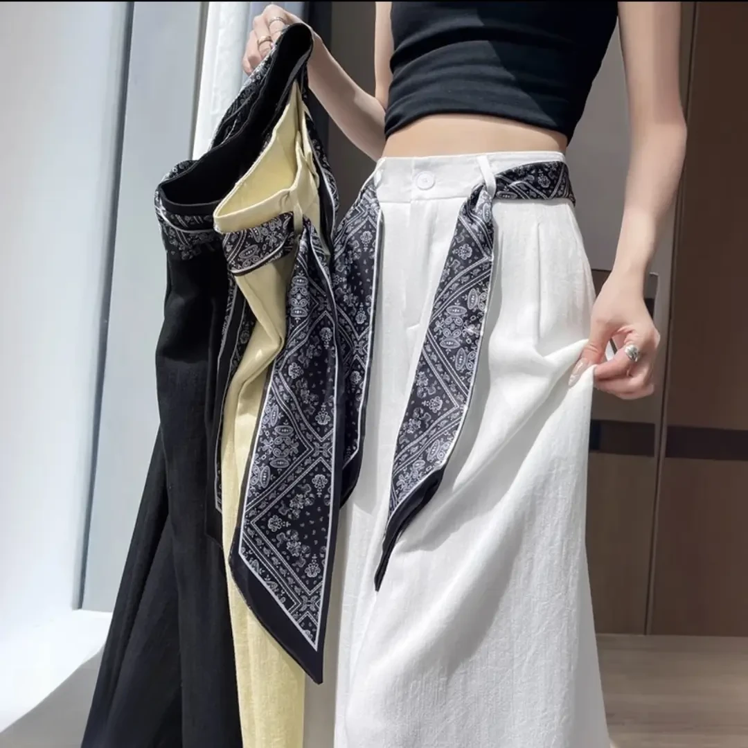 【送丝巾】系带棉麻阔腿裤子新款夏季薄款西装裤女高腰宽松休闲裤女