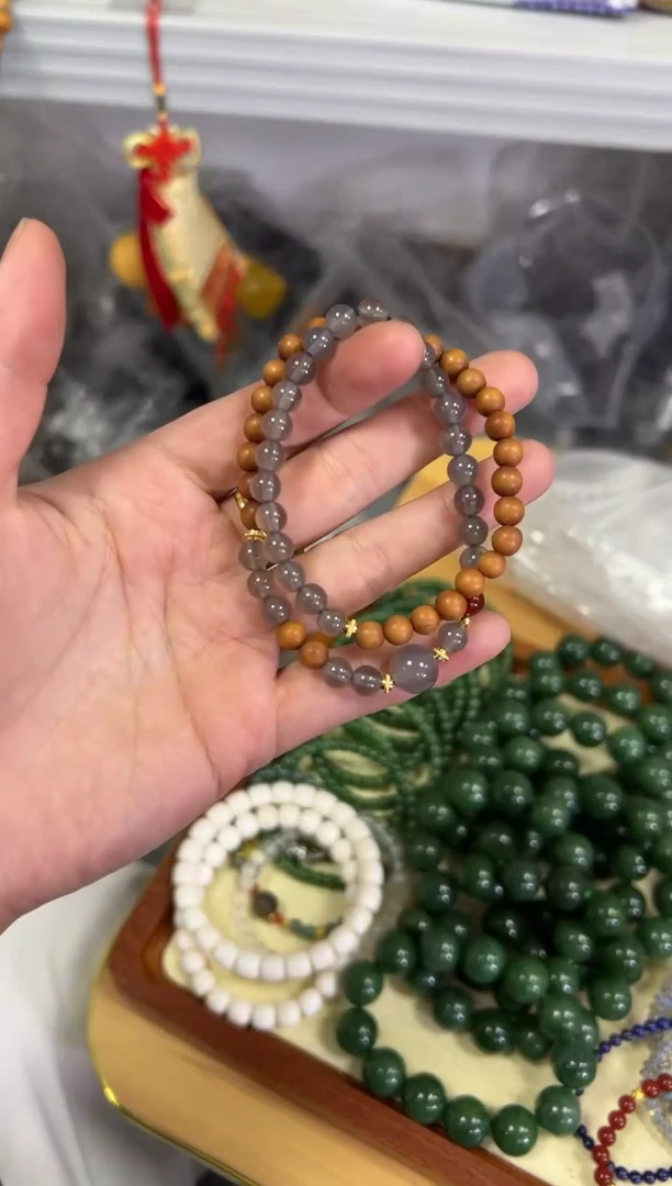 【闪购商品】檀香木手串未镶嵌黑肉老檀香木玛瑙双圈[0632]