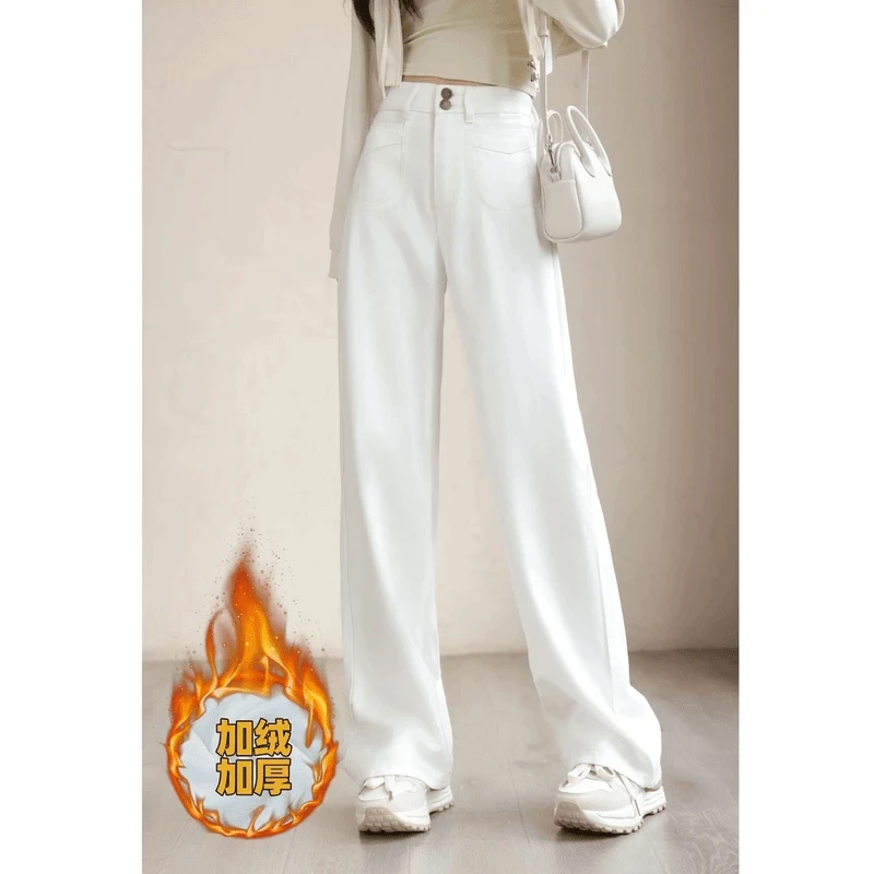 白色双排扣窄版直筒女高腰显瘦垂感牛仔裤休闲