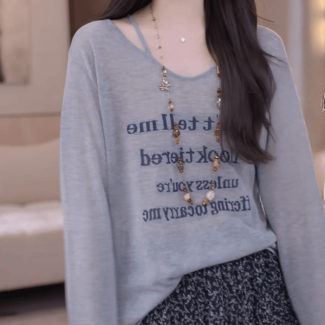 韩系字母印花挂脖防晒罩衫长袖t恤女夏季轻薄凉感透气宽松上衣潮