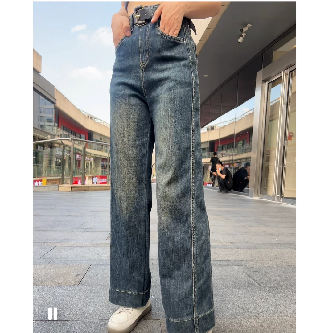 牛仔裤韩版宽松裤子复古风高腰百搭刺绣高弹力女装窄版直筒裤