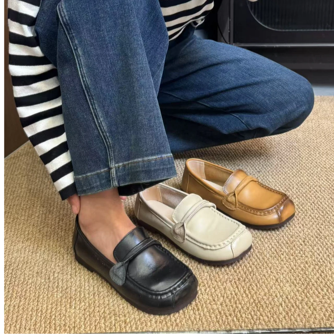 春季头层牛皮软底舒适复古乐福鞋女妈妈鞋休闲平底豆豆鞋工作鞋