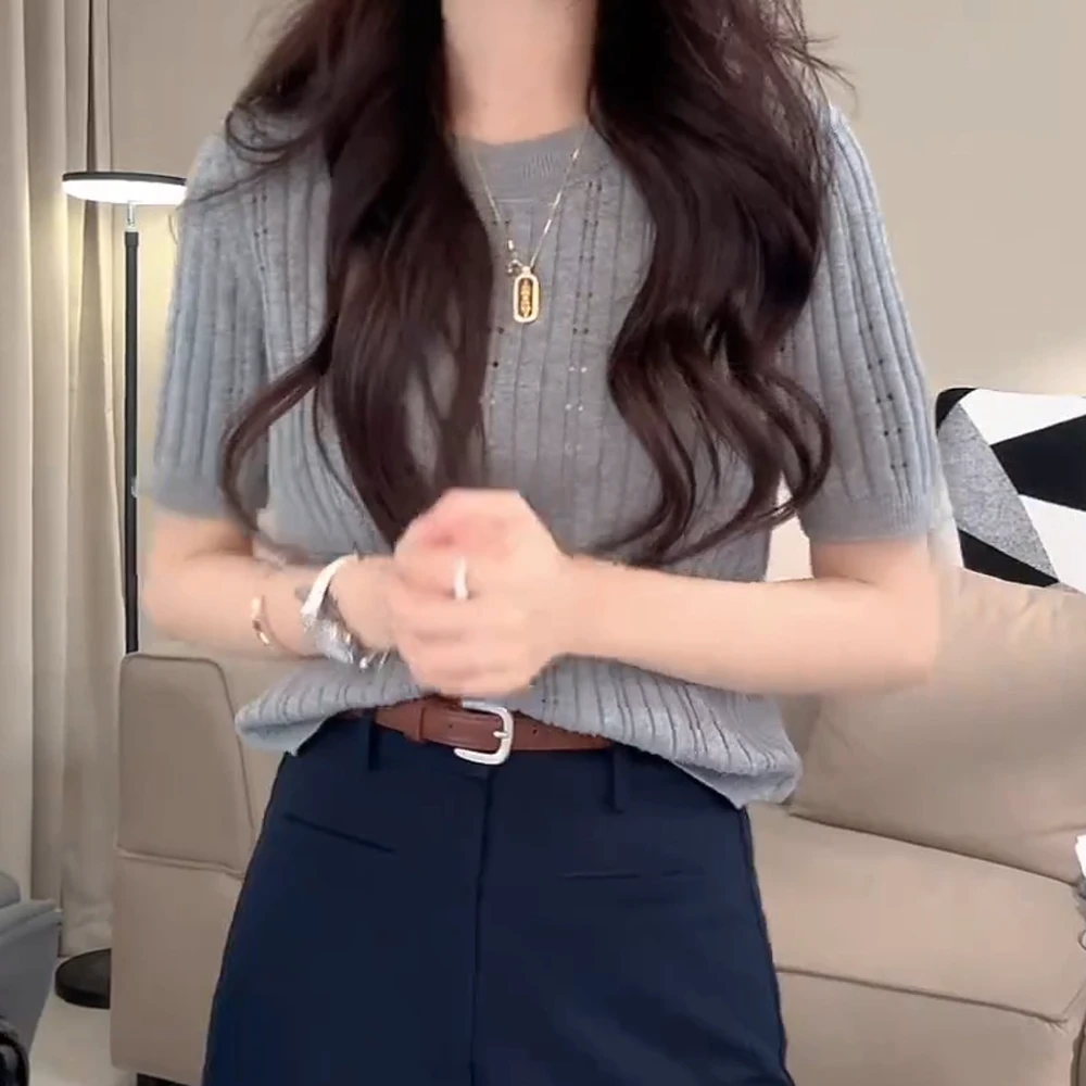 春夏镂空气质圆领百搭短袖高腰时尚针织上衣打底衫女2025春季新品