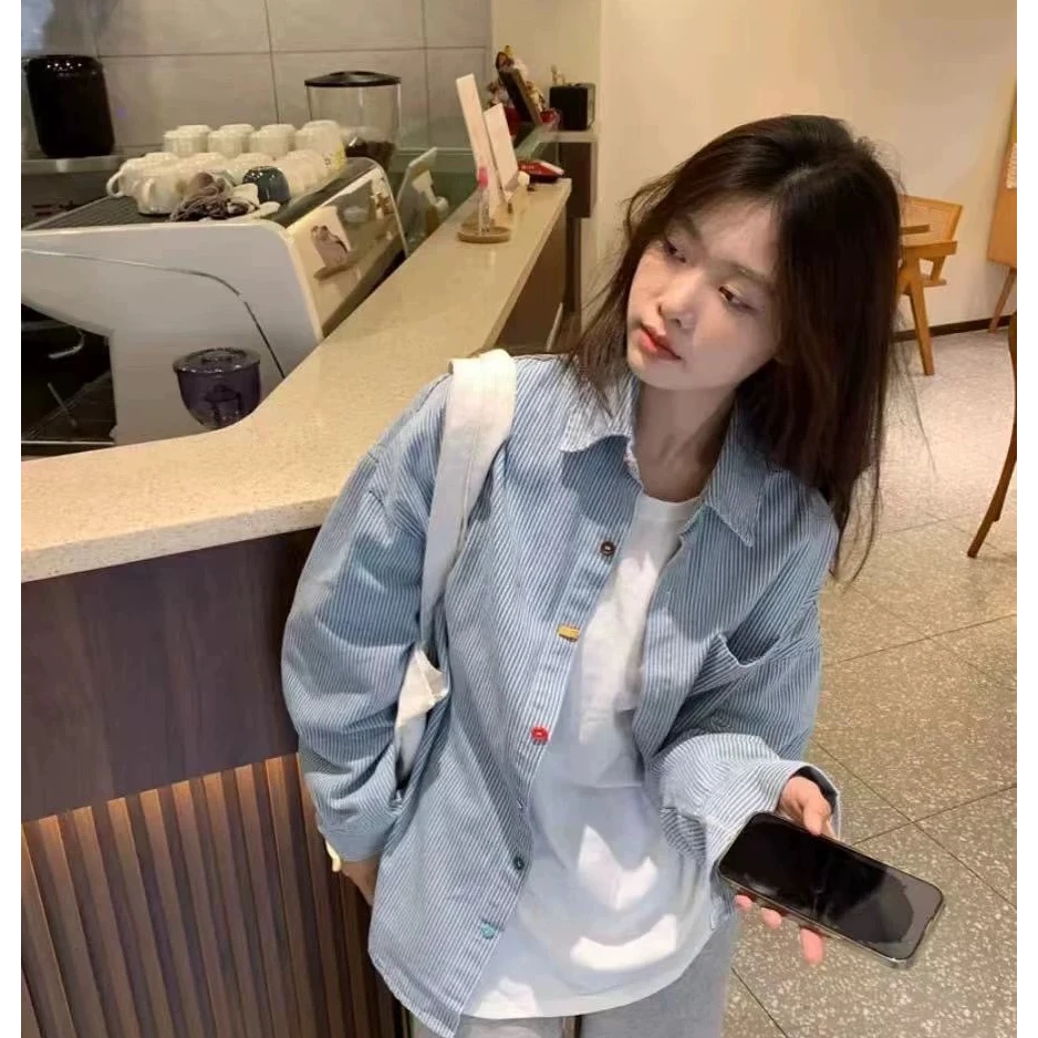 日系复古条纹衬衫女胖mm宽松百搭长袖polo领套装