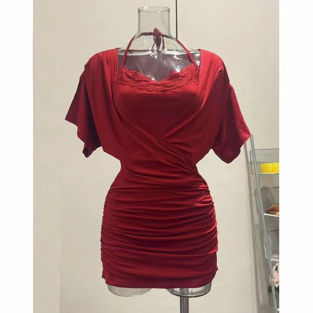 恩呐studio||性感纯欲大领口V领收腰蕾丝挂脖吊带连衣裙两件套