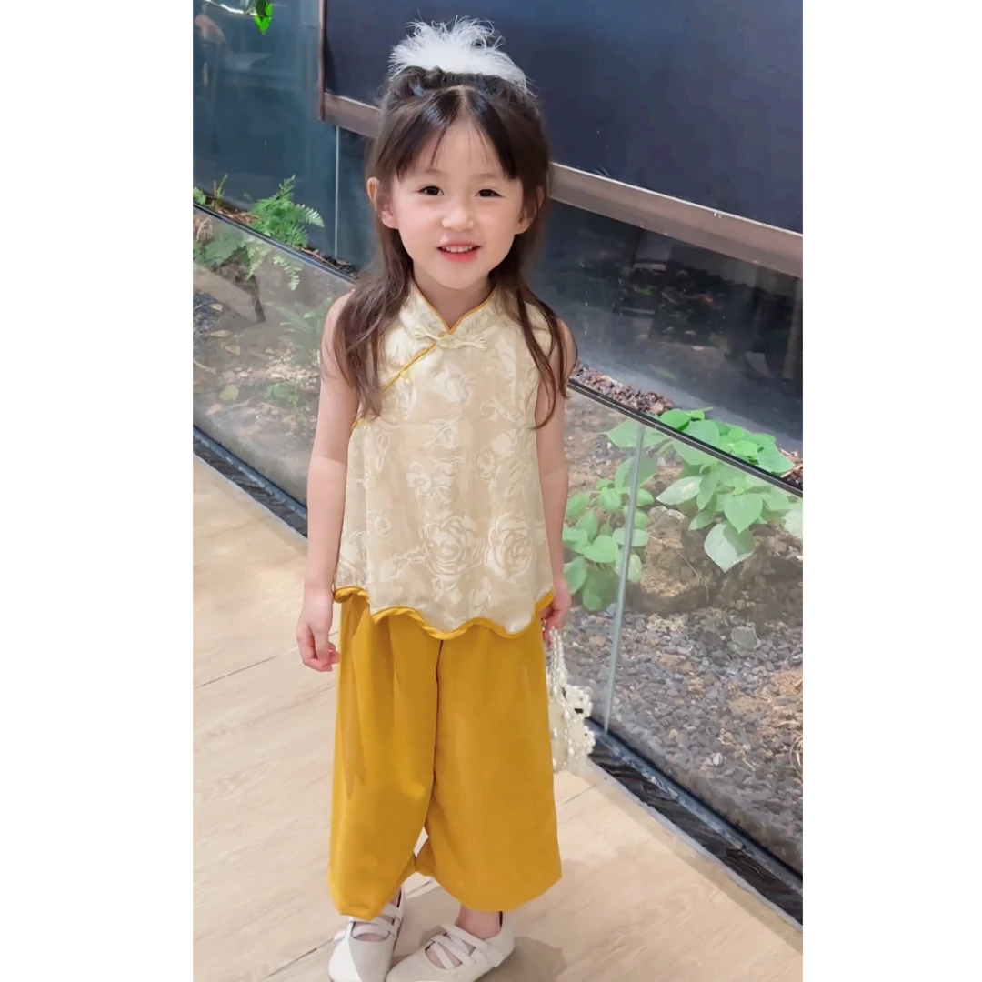 2025新款女童套装夏季新款新中式设计感提花阔腿裤汉服儿童两件套