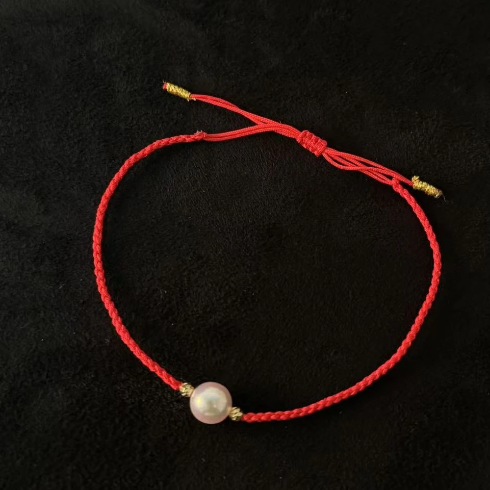幸运手绳akoya海水珍珠手链樱花粉本命年手工编织18K金红绳转运珠