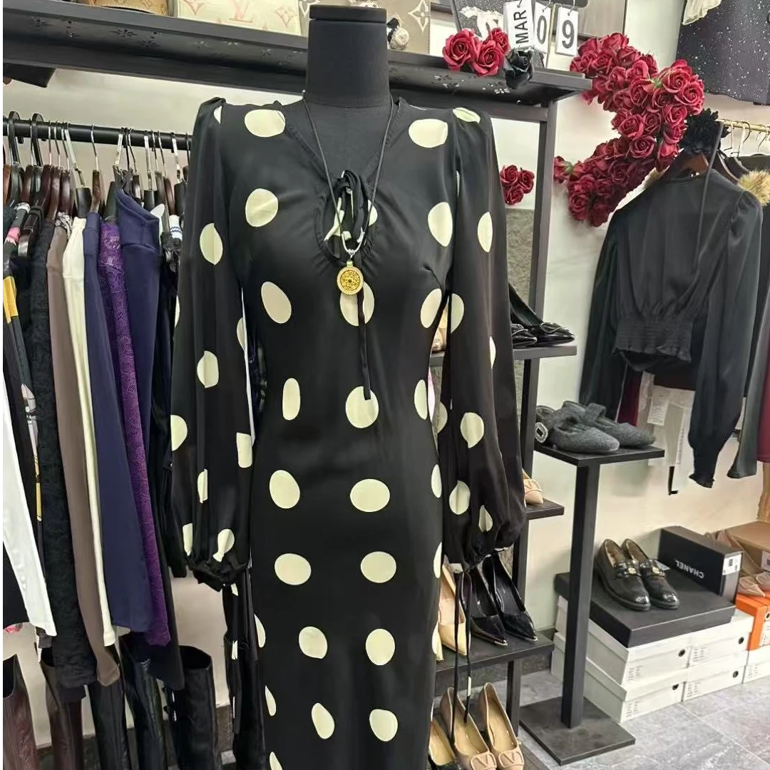 波点大圆点V领拖地长袖连衣裙黑色夏季花色女装女款时尚
